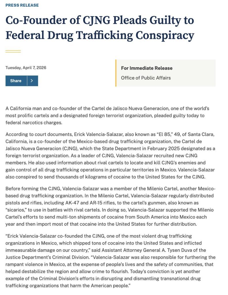 Erick Valencia Salazar, “El 85”, del CJNG, se declara culpable en EUA