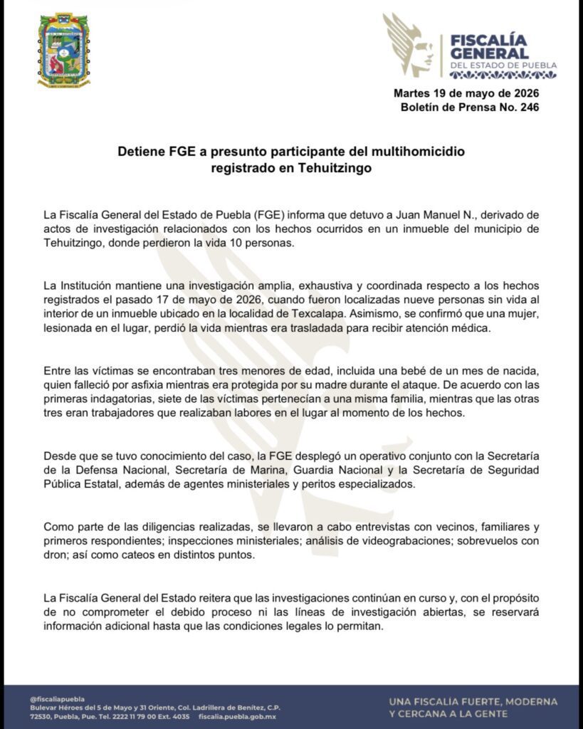 Detiene FGE a presunto participante del multihomicidio registrado en Tehuitzingo