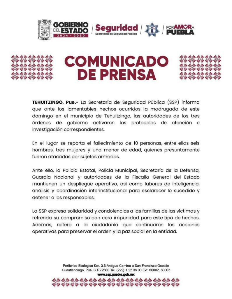 Comando armado asesina a 10 integrantes de una familia en Tehuitzingo en Puebla