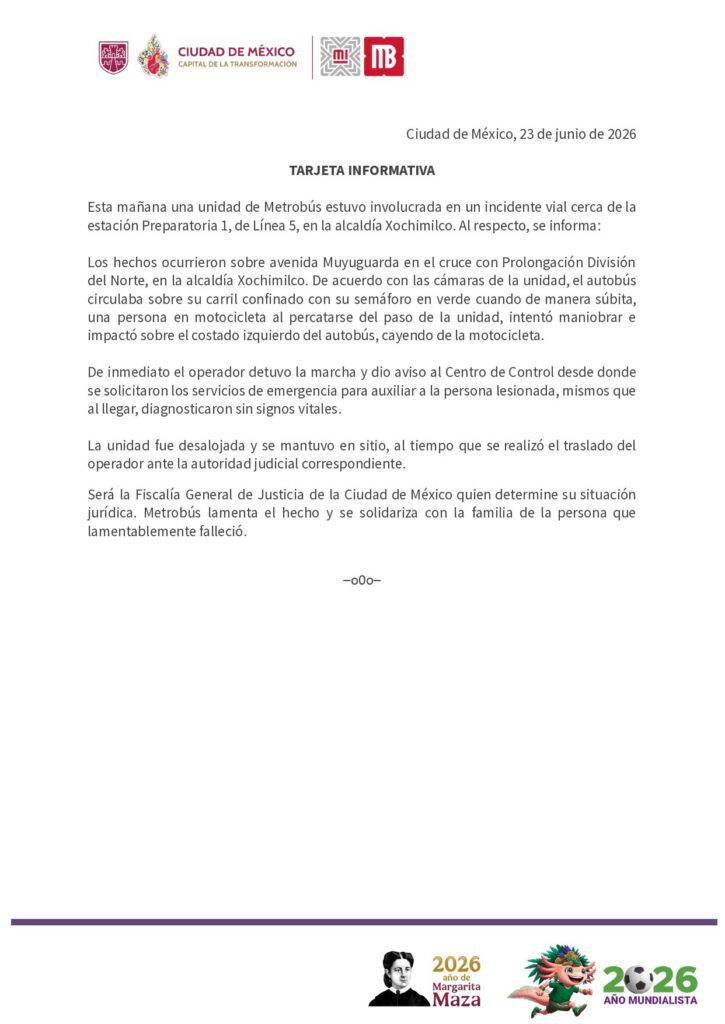 Motociclista muere tras choque con unidad del Metrobús en Xochimilco