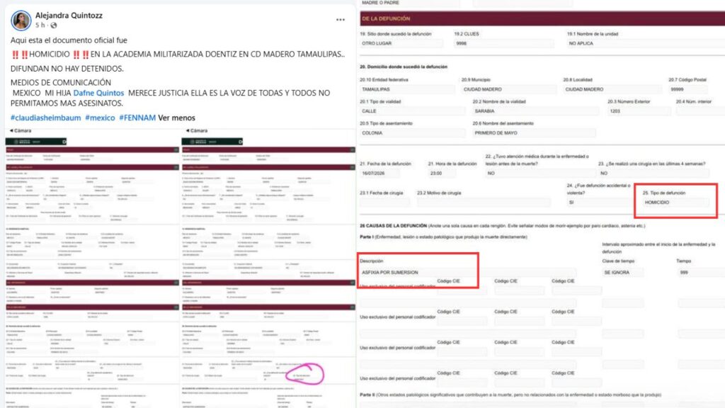 Certificado de defunción de Dafne Zapata Quintos Martínez clasifica su muerte como homicidio