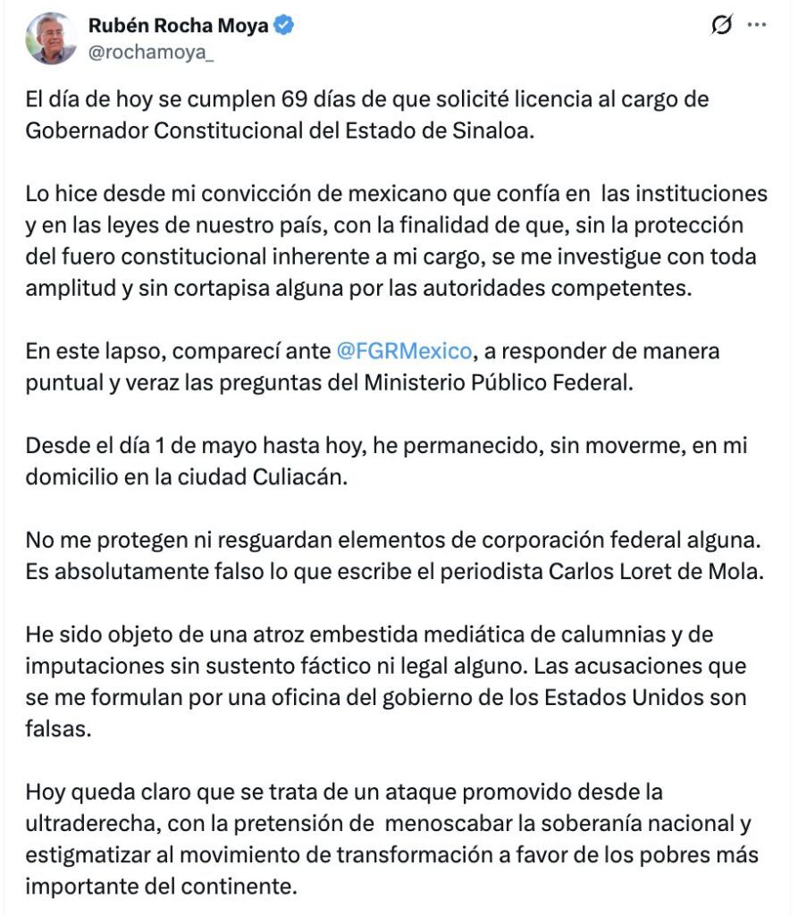 Rubén Rocha reaparece tras 69 días y niega contar con protección federal
