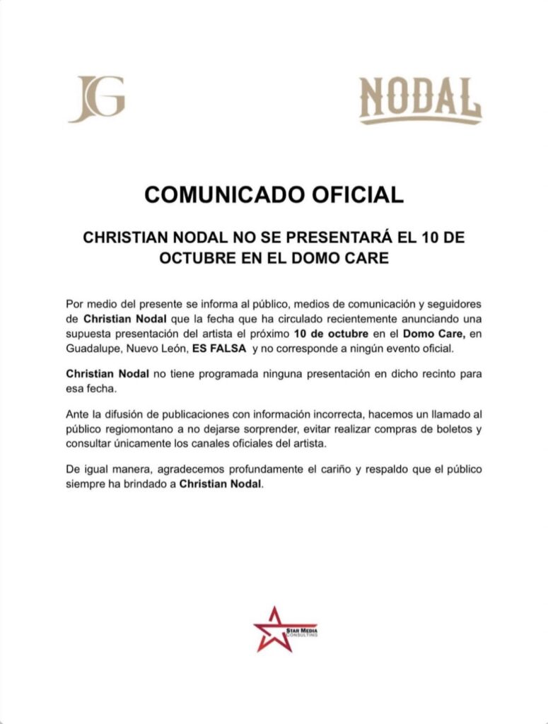Alertan por falso concierto de Christian Nodal en Nuevo León