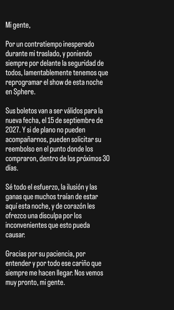 Carín León cancela concierto en Sphere de Las Vegas por falla en los aviones