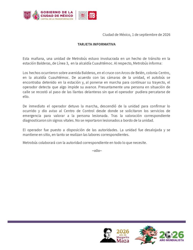 Muere mujer tras ser arrollada por Metrobús de la estación Balderas de la Línea 3 en CDMX